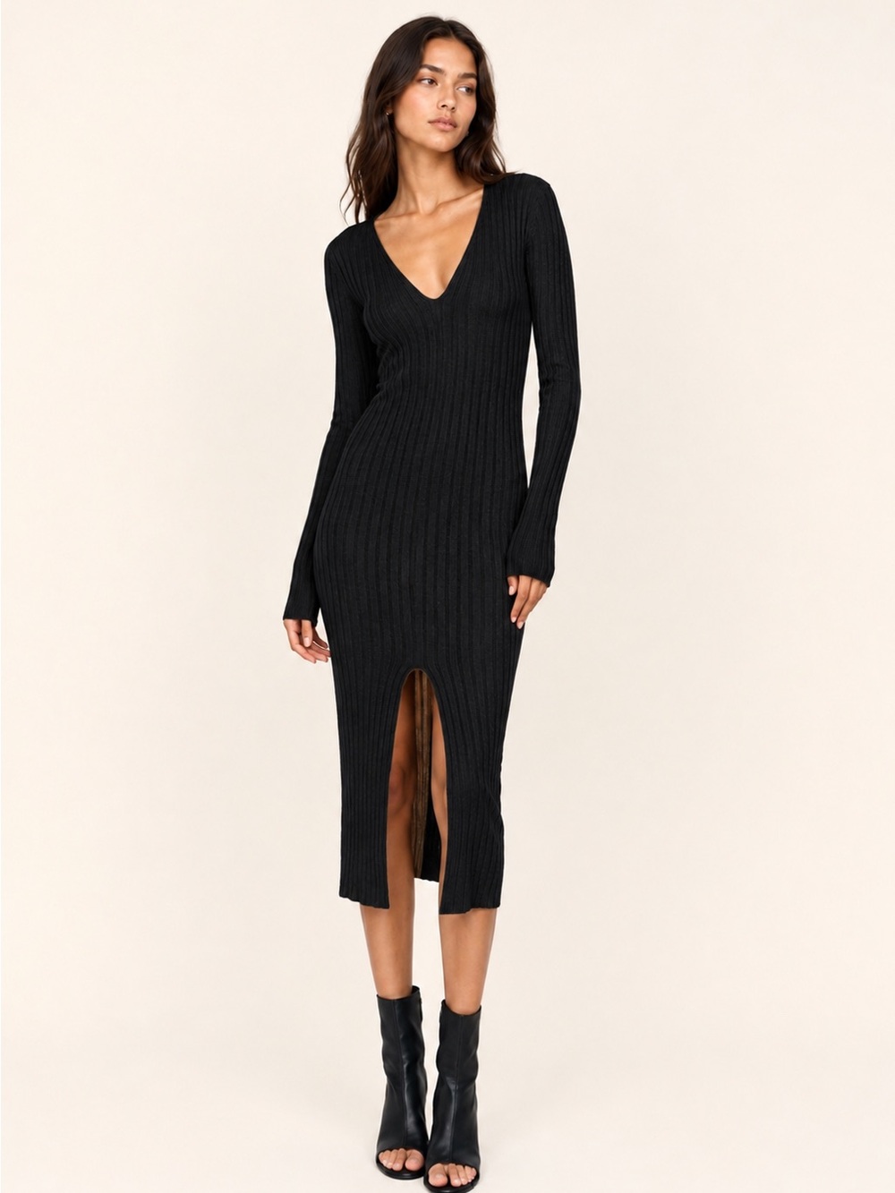 Zara Ribbed Deep V-Neck Black Midi Dress w/ Front Slit  / TAG IS MED fits SMALL